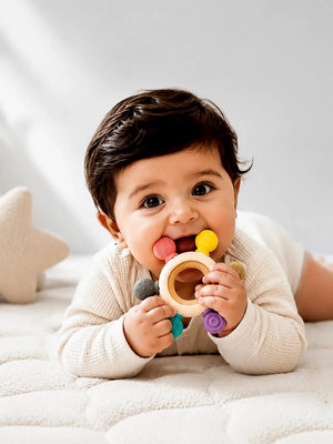 Mulberro Multi-Texture Silicone & Wood Baby Teether Ring | BPA Free | 5 Sensory Beads - Teether