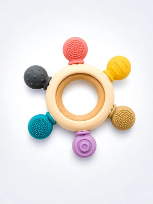 Mulberro Multi-Texture Silicone & Wood Baby Teether Ring | BPA Free | 5 Sensory Beads - Teether