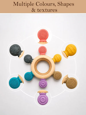 Mulberro Multi-Texture Silicone & Wood Baby Teether Ring | BPA Free | 5 Sensory Beads - Teether