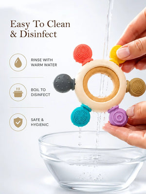 Mulberro Multi-Texture Silicone & Wood Baby Teether Ring | BPA Free | 5 Sensory Beads - Teether