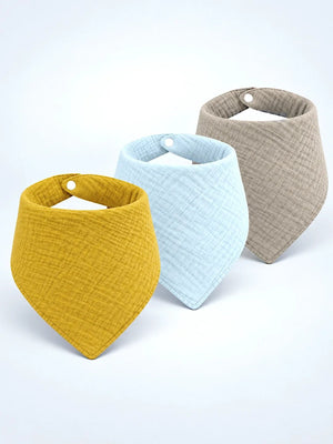 Mulberro Mustard, Blue & Grey Solid 3-Piece Muslin Cotton Baby Bibs | Snap Closure | Drool & Burp Bib - Baby Bibs