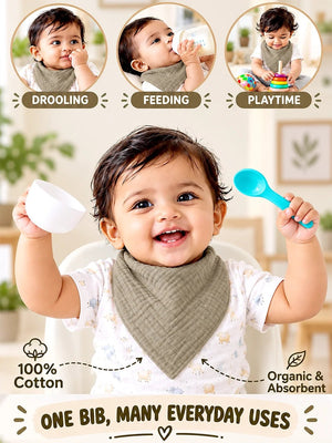 Mulberro Mustard, Blue & Grey Solid 3-Piece Muslin Cotton Baby Bibs | Snap Closure | Drool & Burp Bib - Baby Bibs