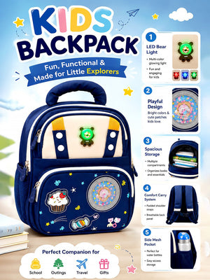 Mulberro Navy Blue Kids Backpack with LED Bear Light & Candy Patch Design for Boys & Girls - School Bag