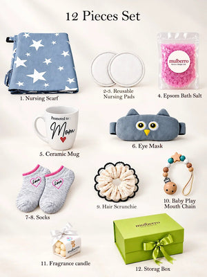Mulberro New Mom 12-Piece Baby Shower Self-Care Gift Hamper with Mug & Eye Mask - Gifts & Gift Sets