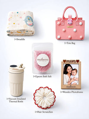 Mulberro New Mom 6-Piece Baby Shower Gift Hamper | Pink Bunny Felt Tote Bag - Gift Box