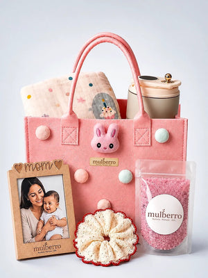 Mulberro New Mom 6-Piece Baby Shower Gift Hamper | Pink Bunny Felt Tote Bag - Gift Box