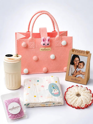 Mulberro New Mom 6-Piece Baby Shower Gift Hamper | Pink Bunny Felt Tote Bag - Gift Box