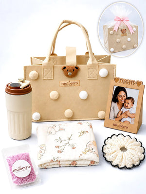 Mulberro New Mom 6-Piece Baby Shower Gift Hamper with Felt Tote Bag - Gift Box