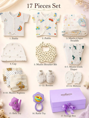 Mulberro Newborn | Exclusive Muslin Cotton |17-Piece Gift set | Gift Box | Unisex | 0–6 Months - Gift Box