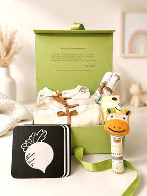 Mulberro Newborn | Growing Baby | Naming Ceremony | 18-Piece Pure Cotton Gift Set | Green Box | 0–6 Months - Gift Box
