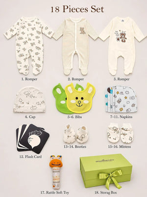 Mulberro Newborn | Growing Baby | Naming Ceremony | 18-Piece Pure Cotton Gift Set | Green Box | 0–6 Months - Gift Box