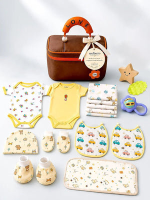 Mulberro Newborn | Welcome Baby | 18-Piece Pure Cotton | Organizer Pouch Gift Set | 0–3 Months - Gift Box