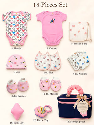 Mulberro Newborn | Welcome Baby | 18-Piece Pure Cotton | Organizer Pouch Gift Set | 0–3 Months - Gift Box