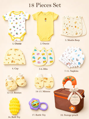 Mulberro Newborn | Welcome Baby | 18-Piece Pure Cotton | Organizer Pouch Gift Set | 0–3 Months - Gift Box