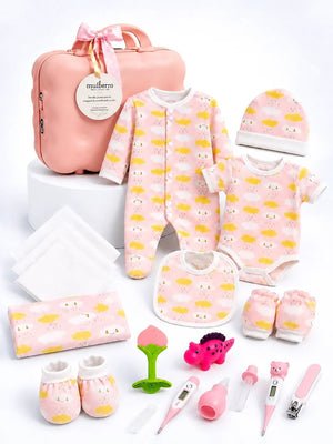 Mulberro Newborn | Welcome Baby | 23-Piece Pure Cotton | Happy Clouds | Pink Suitcase | Baby Girl | 0–3 Months - Gift Box