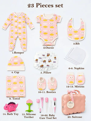 Mulberro Newborn | Welcome Baby | 23-Piece Pure Cotton | Happy Clouds | Pink Suitcase | Baby Girl | 0–3 Months - Gift Box