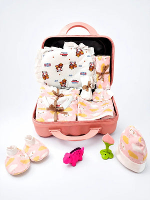 Mulberro Newborn | Welcome Baby | 23-Piece Pure Cotton | Happy Clouds | Pink Suitcase | Baby Girl | 0–3 Months - Gift Box