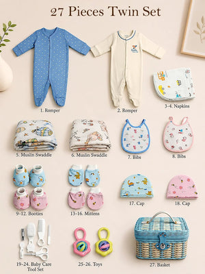 Mulberro Newborn | Welcome Baby |27-Piece Twin Baby Gift Set | Cane Basket | Unisex | 0–6 Months - Gift Box