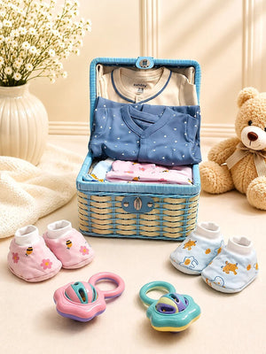 Mulberro Newborn | Welcome Baby |27-Piece Twin Baby Gift Set | Cane Basket | Unisex | 0–6 Months - Gift Box