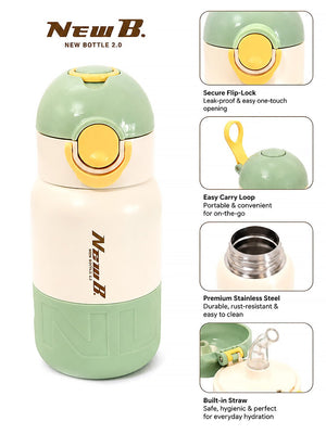 Mulberro Olive Green Kids Stainless Steel Water Bottle — 480ml | Flip Lid & Straw - Water Bottle