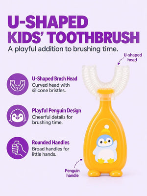 Mulberro Orange Penguin 2-in-1 Kids' Toothbrush Set | U-Shaped Silicone + Round Brush | Toddlers & Babies - Teether