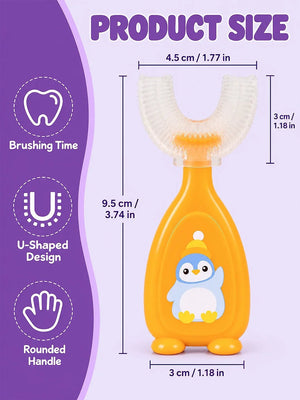 Mulberro Orange Penguin 2-in-1 Kids' Toothbrush Set | U-Shaped Silicone + Round Brush | Toddlers & Babies - Teether