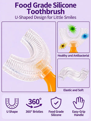 Mulberro Orange Penguin 2-in-1 Kids' Toothbrush Set | U-Shaped Silicone + Round Brush | Toddlers & Babies - Teether