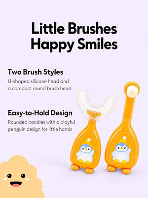 Mulberro Orange Penguin 2-in-1 Kids' Toothbrush Set | U-Shaped Silicone + Round Brush | Toddlers & Babies - Teether