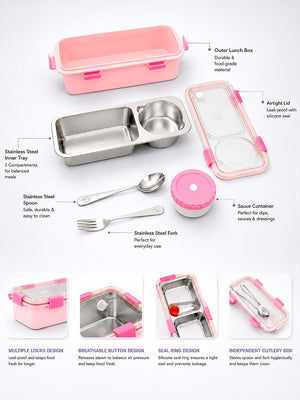 Mulberro Pink 2-Compartment Stainless Steel Kids Lunch Box | Leak-Proof | Fork, Spoon & Sauce Container Included - Baby Food & Storage