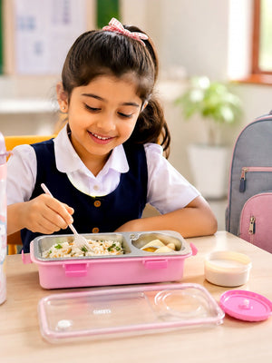 Mulberro Pink 2-Compartment Stainless Steel Kids Lunch Box | Leak-Proof | Fork, Spoon & Sauce Container Included - Baby Food & Storage