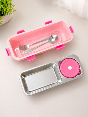 Mulberro Pink 2-Compartment Stainless Steel Kids Lunch Box | Leak-Proof | Fork, Spoon & Sauce Container Included - Baby Food & Storage