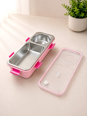 Mulberro Pink 2-Compartment Stainless Steel Kids Lunch Box | Leak-Proof | Fork, Spoon & Sauce Container Included - Baby Food & Storage
