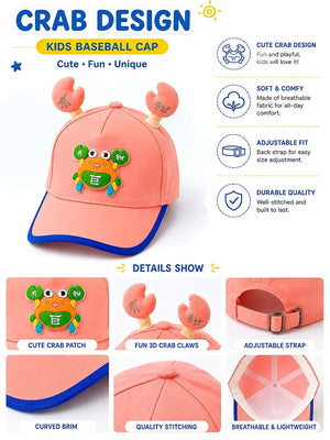 Mulberro Pink 3D Crab Kids Baseball Cap Adjustable 2-6Y - Kids Accessories