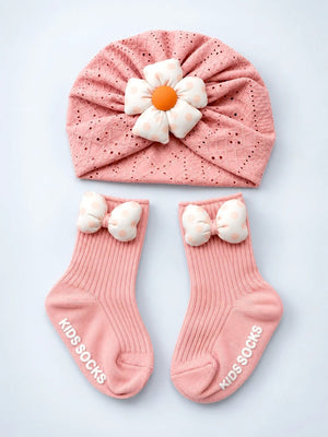 Mulberro Pink 3D Daisy Turban Cap & 3D Bow Booties Set | Eyelet Fabric | Baby Girls 0–12 Months - Kids Accessories