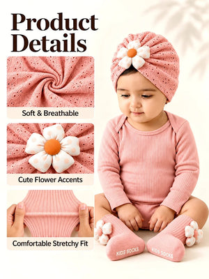 Mulberro Pink 3D Daisy Turban Cap & 3D Bow Booties Set | Eyelet Fabric | Baby Girls 0–12 Months - Kids Accessories