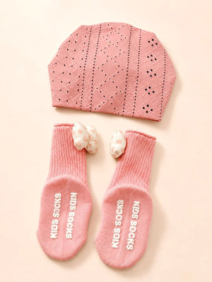 Mulberro Pink 3D Daisy Turban Cap & 3D Bow Booties Set | Eyelet Fabric | Baby Girls 0–12 Months - Kids Accessories