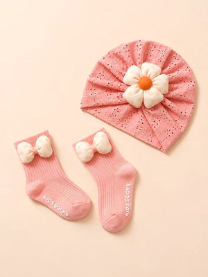 Mulberro Pink 3D Daisy Turban Cap & 3D Bow Booties Set | Eyelet Fabric | Baby Girls 0–12 Months - Kids Accessories