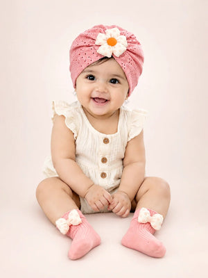 Mulberro Pink 3D Daisy Turban Cap & 3D Bow Booties Set | Eyelet Fabric | Baby Girls 0–12 Months - Kids Accessories