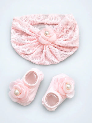 Mulberro Pink 3D Rose Turban Cap & Pearl Flower Booties Set | Lace Mesh | Baby Girls 0–12 Months - Kids Accessories