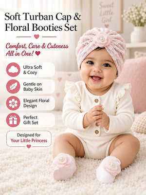 Mulberro Pink 3D Rose Turban Cap & Pearl Flower Booties Set | Lace Mesh | Baby Girls 0–12 Months - Kids Accessories