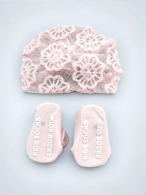 Mulberro Pink 3D Rose Turban Cap & Pearl Flower Booties Set | Lace Mesh | Baby Girls 0–12 Months - Kids Accessories