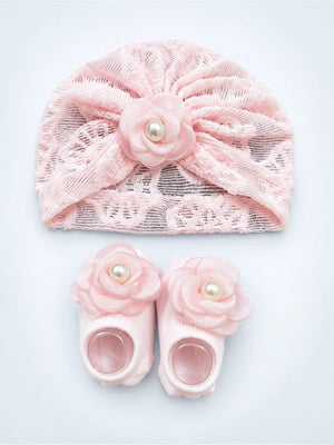 Mulberro Pink 3D Rose Turban Cap & Pearl Flower Booties Set | Lace Mesh | Baby Girls 0–12 Months - Kids Accessories