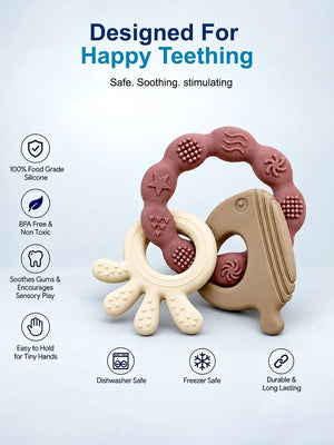 Mulberro Pink & Beige 3-Piece Silicone Baby Teether Set | 10 Teething Textures | 0M+ - Teether
