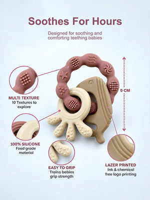 Mulberro Pink & Beige 3-Piece Silicone Baby Teether Set | 10 Teething Textures | 0M+ - Teether