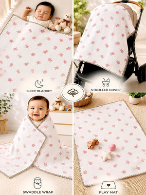 Mulberro Pink Bunny Hop Super Soft Muslin Cotton Baby Blanket | All-Season | 102×102 cm - Baby Blankets & Quilts