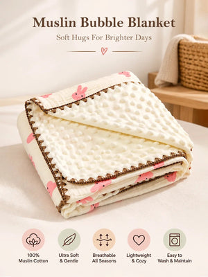 Mulberro Pink Bunny Hop Super Soft Muslin Cotton Baby Blanket | All-Season | 102×102 cm - Baby Blankets & Quilts