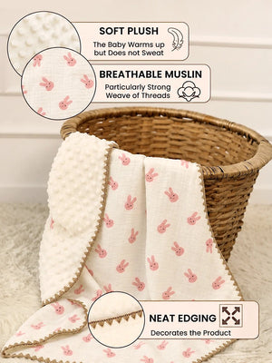 Mulberro Pink Bunny Hop Super Soft Muslin Cotton Baby Blanket | All-Season | 102×102 cm - Baby Blankets & Quilts