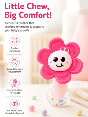 Mulberro Pink Flower Silicone Baby Teether with Rattle | 2-in-1 Sensory Rattle Teether | 0M+ - Teether