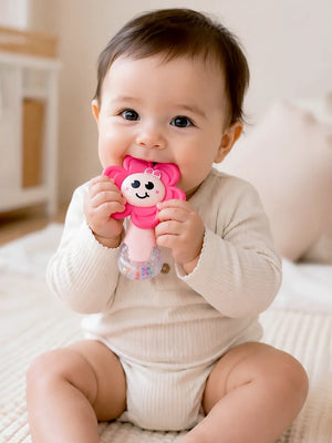 Mulberro Pink Flower Silicone Baby Teether with Rattle | 2-in-1 Sensory Rattle Teether | 0M+ - Teether