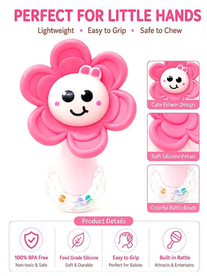Mulberro Pink Flower Silicone Baby Teether with Rattle | 2-in-1 Sensory Rattle Teether | 0M+ - Teether